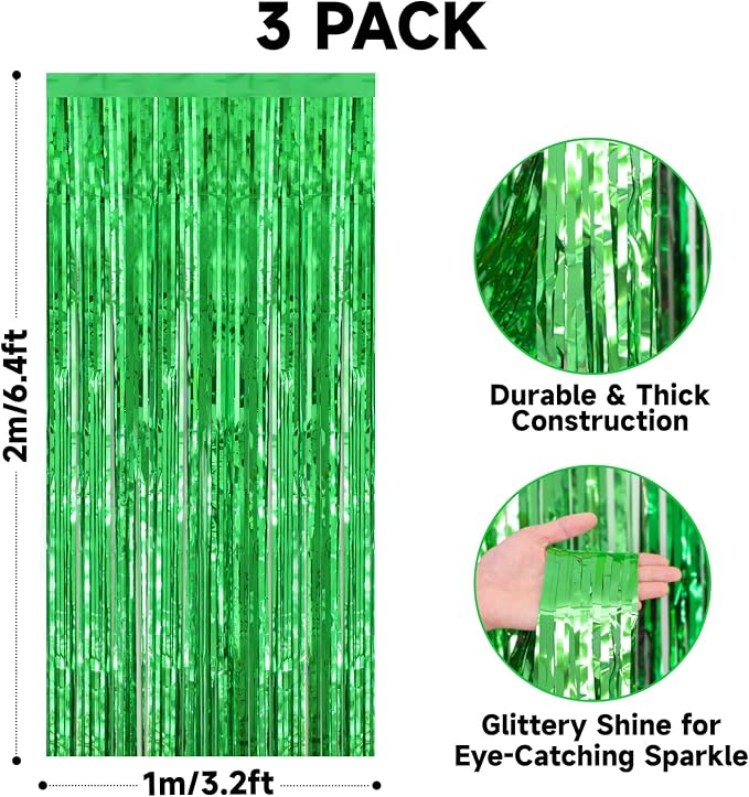 jijAcraft Metallic Green Tinsel Foil Fringe Curtain, 3 Pack 3.2x6.5 Feet Jungle - Image 2