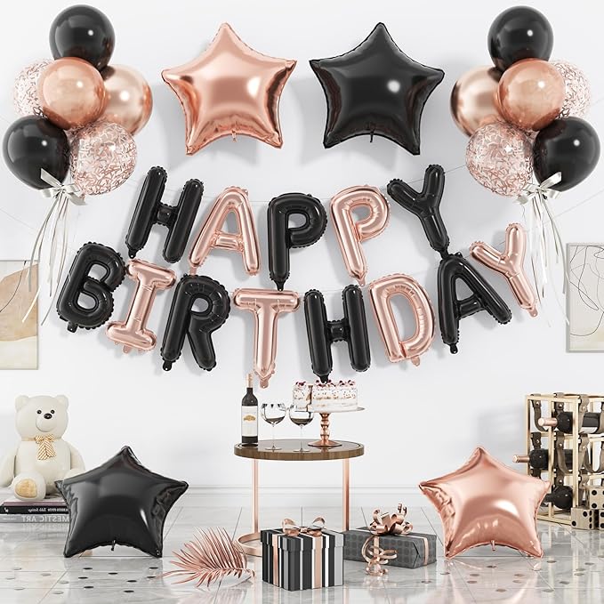29PC Black Rose Gold Happy Birthday Balloon Banner, 16 Inch 3D Aluminum Letter by Paready