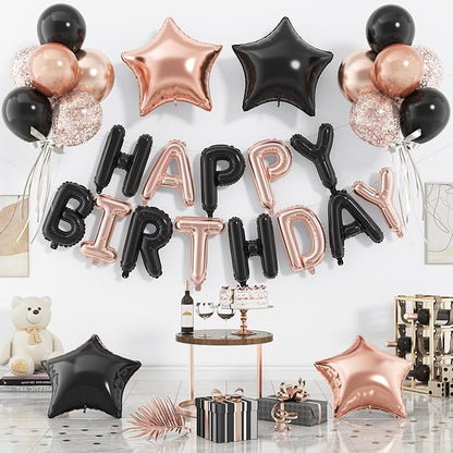 29PC Black Rose Gold Happy Birthday Balloon Banner, 16 Inch 3D Aluminum Letter by Paready
