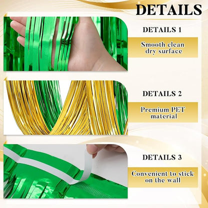4 Pcs 15ft Gold Green Metallic Foil Ceiling Fringe Curtains, Fringe Drapes - Image 3