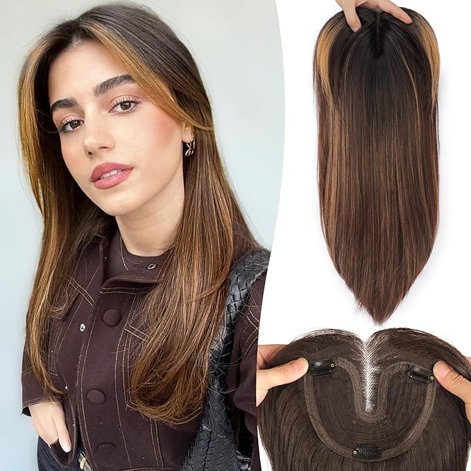 Brown Highlight Synthetic Hair Toppers for Women with Thinning 3D 360° Cover Clip in Wispy Bangs Upgraded Adjustable Bandage 18 Inch Long Layered
