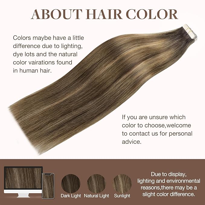 GOO GOO Tape in Hair Extensions Human Hair, 4D/14/5B Brunette Balayage, 16inch 25g 10pcs, Skin Weft Seamless Invisible, Silky Straight with Thick Ends, Remy Human Hair