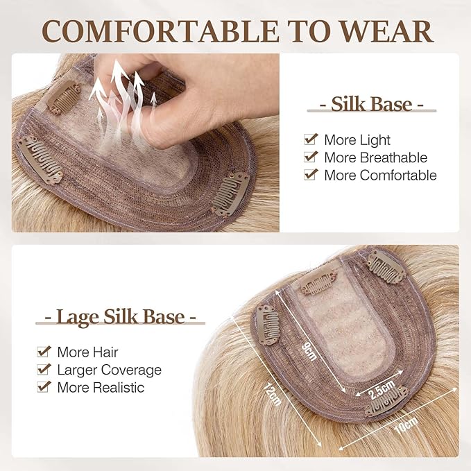 Rich Choices Hair Toppers for Women Real Human Hair 100% Human Remy Toppers NO Bangs with Thinning on Top Clip in Hairpiece 4"x4.7"Lace Base 14 Inch #12P613 Golden Brown Highlights Bleach Blonde