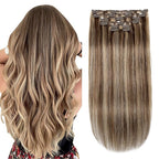 XDhair Clip In Hair Extensions Remy Human Hair 100g 6Pcs Medium Brown #4 Mixed to Caramel Blonde #27 Clip In Real Hair Extensions Silk Stright (#4P27,14Inch)