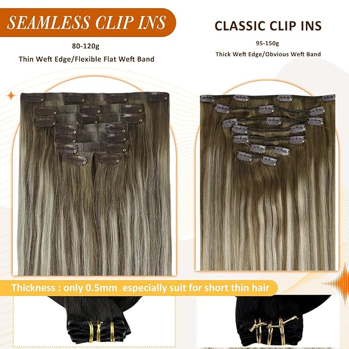 Full Shine 16 Inch Seamless Clip in Hair Extensions Balayage Remy Human Hair Clip in Brown to Platinum Blonde Real Human Hair Clip ins Softness 8 PCS 120 G
