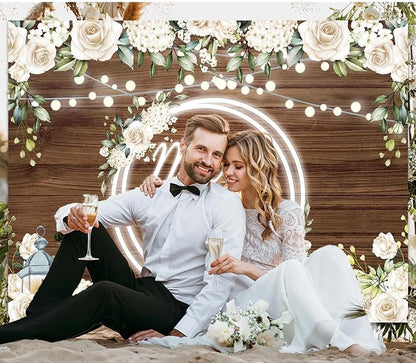 Mr and Mrs Wedding Backdrop Decorations 8x6Ft | White Rose Floral Wooden - Image 2