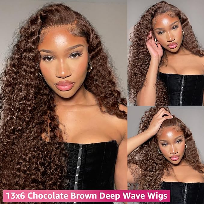 30 Inch Chocolate Brown Deep Wave Lace Front Wigs Human Hair 200 Density 13x6 HD Lace Frontal Wigs Curly Human Hair Brown Glueless Wig For Women Pre Plucked with Natural Hairline