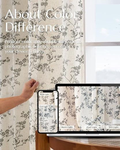 jinchan Black Floral Linen Curtains 96 Inch Farmhouse Back Tab 2 Panels | - Image 7