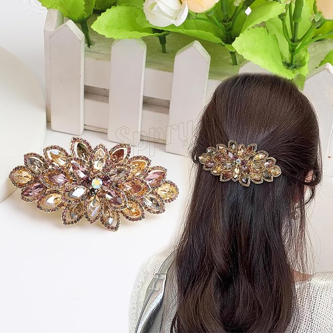 Luxury Gold-plated Rhinestone Hair Barrette for Women, Large Flower Jewelry Design (Colorful)