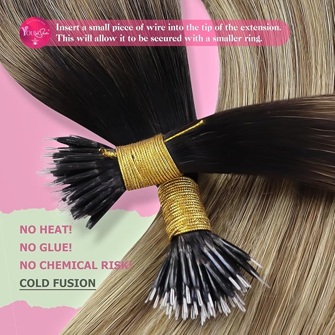 YoungSee 24inch Nano Hair Extensions Brown to Blonde Nano Bead Extensions Human Hair Ombre Dark Brown to Blonde Pre Bonded Nano Tip Hair Extension Real Human Hair Long Straight 24 inch 1g/s 50g