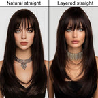 Brown Wig With Bangs Long Wavy Straight Wig with Layered Hair Synthetic Heat Resistant Wigs for Women Daily Party Use 26 Inches
