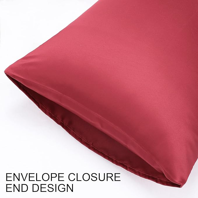 uxcell 2 Pack Silk Satin Pillowcase for Hair and Skin, Cool, Silky, Soft Breathable Pillow Cases Standard Size 20x26 Inch Sateen Pillowcase Burgundy with Envelope Closure