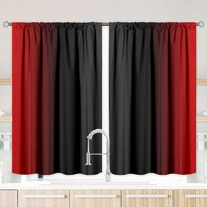 Red and Black Kitchen Curtains 2 Panels by XFLINGBAO