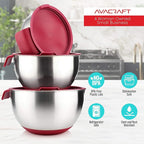 AVACRAFT 18/10 Stainless Steel Mixing Bowls with Lids, non slip silicone base bowls with Handle, Mixing Bowl Set with Pour Spouts & Measurement Marks, Home Essentials Cooking Bowls, (Red)