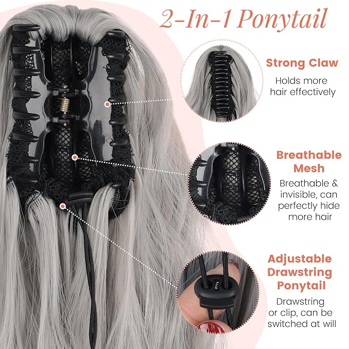 Ponytail Extension, 18 Inch Claw Clip Ponytail Extensions Curly Wavy Ponytail Hair Extension Jaw Clip on Pony Tails Hairpiece for Women Fluffy Natural Synthetic for Daily Use (Silver Grey)