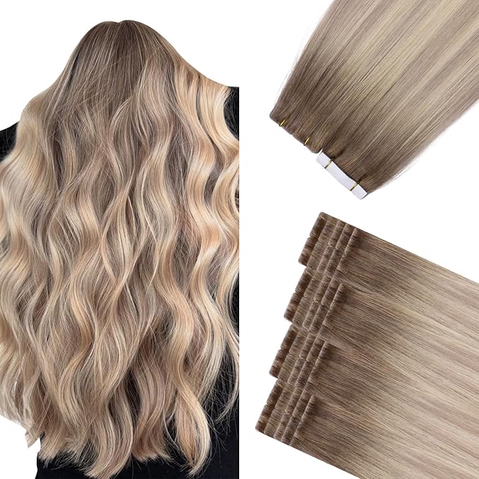 Sindra Invisi Edge Tape in Extensions Human Hair, Invisible Tape in Hair Extensions Ash Brown mixed Platinum Blonde and Ash Blonde Natural Seamless 14 Inch 40g 20pcs/pack
