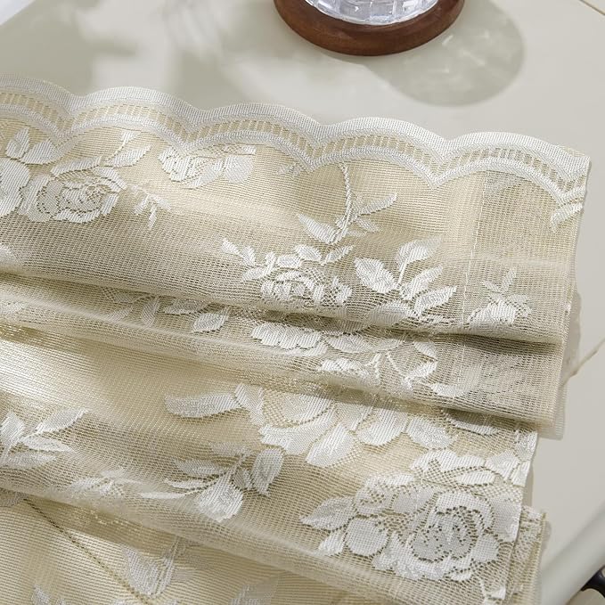 Khaki Lace Curtains 72 Inch Length 2 Panels set Vintage Floral Sheer Curtains - Image 8