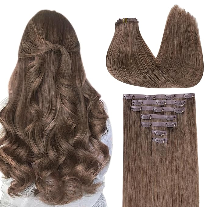GOO GOO Clip in Hair Extensions Real Human Hair, Remy Human Hair Extensions Clip ins for Women, Natural Human Hair, 22inch 150g 7Pcs, 5 Light Ash Brown