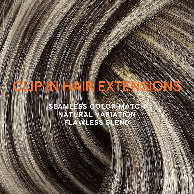Full Shine Human Hair Clip in Extensions Balayage Dark Brown Clip on Hair Extensions Double Weft Dark Brown Ombre Platinum Blonde Straight Hair Extensions 14 Inch 7 Pcs 120 G
