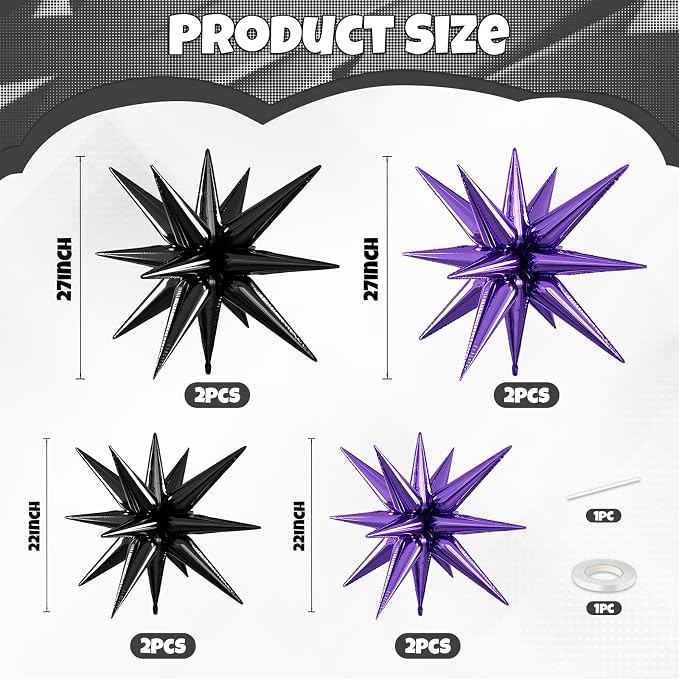 Purple Black Star Balloons, 22/27 Inch Black and Purple Star Shaped Balloons - Image 2