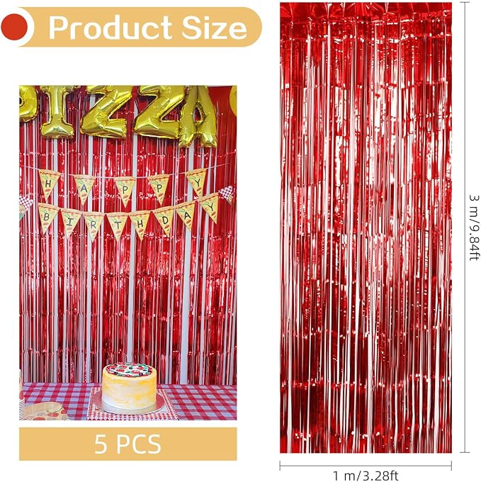 5 Pack Red Foil Curtain Backdrop 3.2ft x 9.8ft Metallic Tinsel Foil Fringe - Image 3