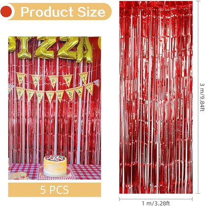 5 Pack Red Foil Curtain Backdrop 3.2ft x 9.8ft Metallic Tinsel Foil Fringe - Image 3