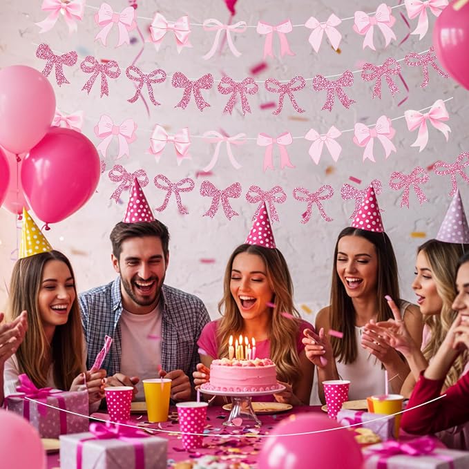 4pcs Glitter Pink Bow Garland Banner Pre-Strung Pink Bow Theme Party Backdrop - Image 5