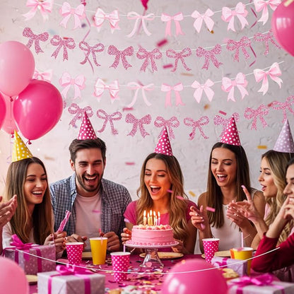 4pcs Glitter Pink Bow Garland Banner Pre-Strung Pink Bow Theme Party Backdrop - Image 5