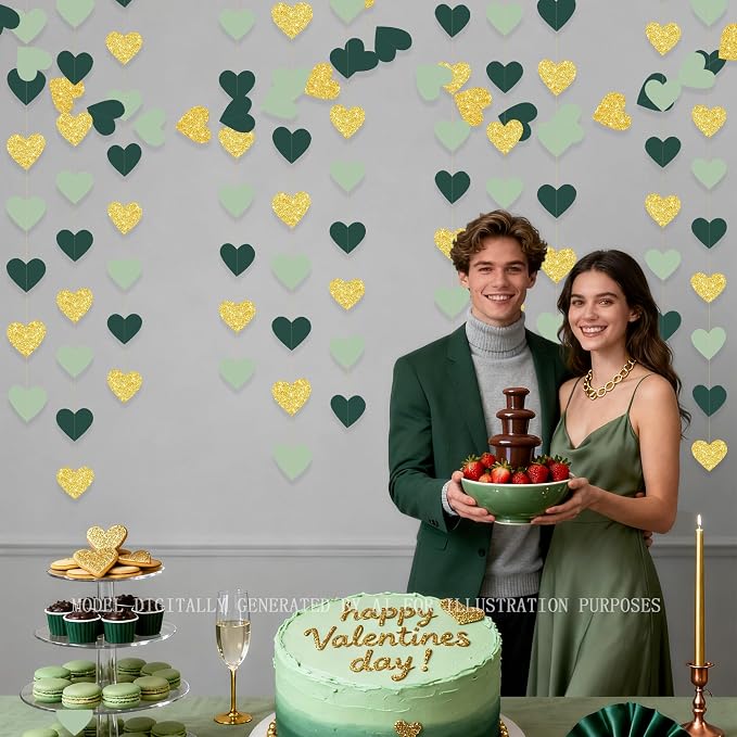Sage Green and Gold Heart Party Glitter Gold Paper Olive Green Love Heart - Image 6