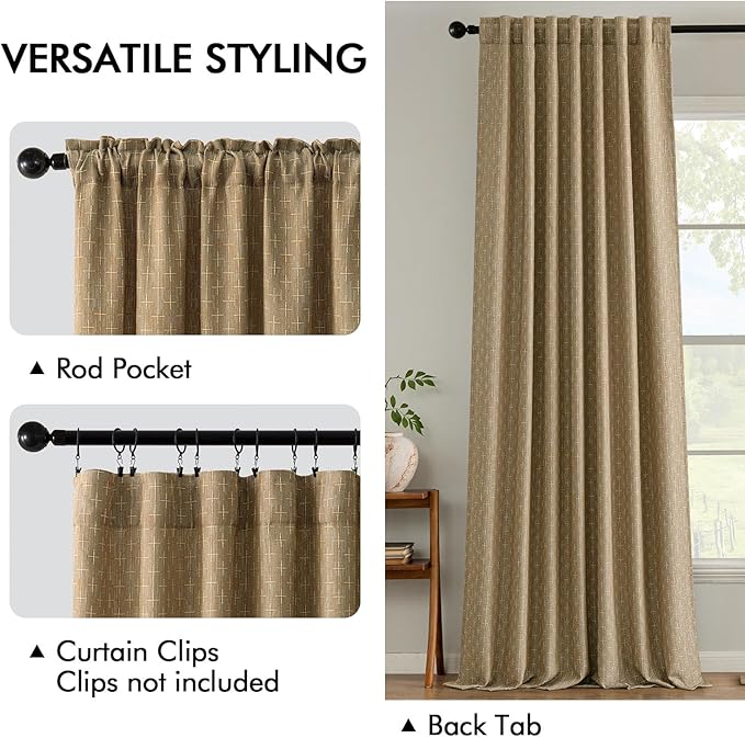 MIULEE Patterned Farmhouse Linen Curtains, Back Tab, Khaki | Linen Curtains - Image 3