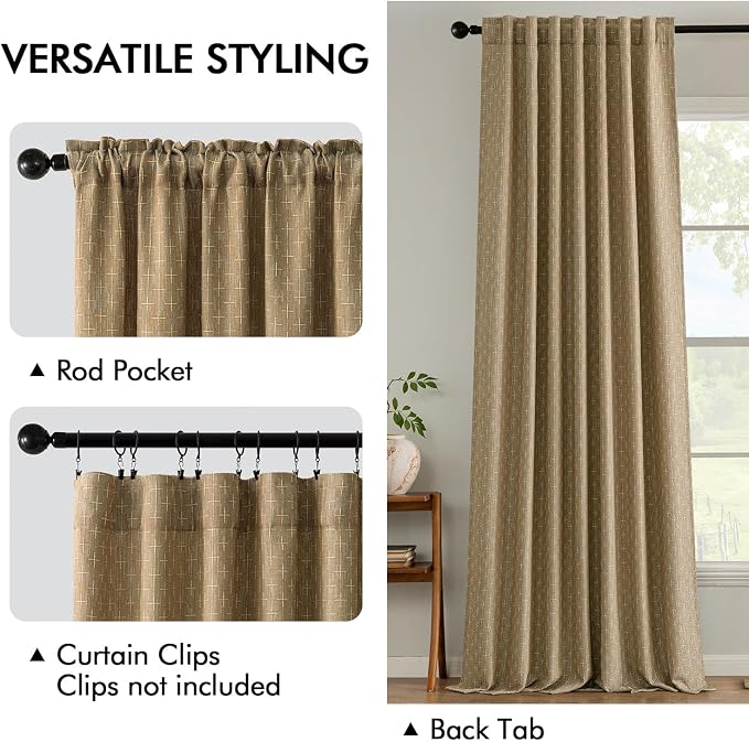 MIULEE Patterned Farmhouse Linen Curtains, Back Tab, Khaki | Linen Curtains - Image 3