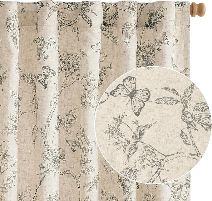 Grey Floral Linen Lined Curtains Rod Pocket 50W X 84L 2 Panels | Charlotte by Lazzzy