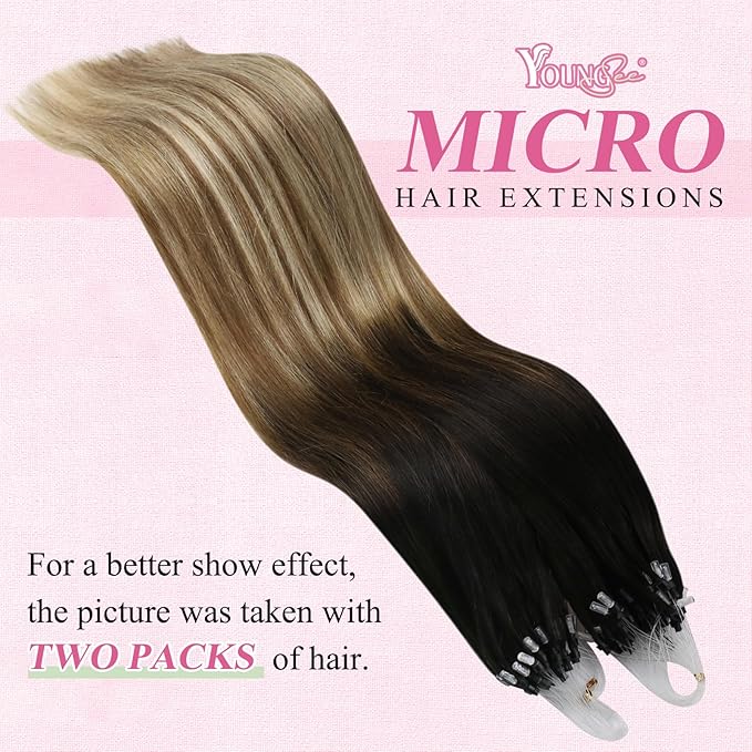 YoungSee Micro Link Hair Extensions Human Hair Balayage Micro Hair Extensions Human Hair Ombre Dark Brown to Blonde Mix Browns Bead Hair Extension Real Hair Microbead Extension 14 Inch 50g 50s