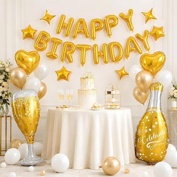 Gold Happy Birthday Balloons Banner, Star Heart Balloons, Champagne Bottle - Image 8