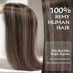 Full Hand Tied Hair Toppers for Women Remy Human Hair Lace Front Topper 14 Inch 6"×6" Partial wig Cover Thinning Hair or Loss No Bangs Top Hair Pieces (Dark Brown Highlights)