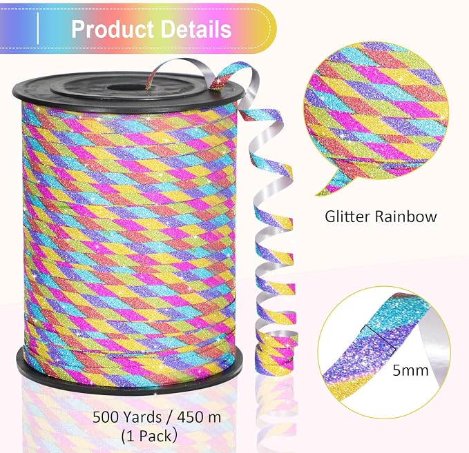 Glitter Rainbow Ribbon Curling 500 Yard, Balloon Ribbon-Balloon String - Image 5