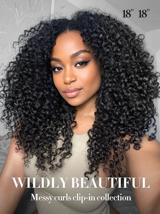 LUVME Burmese Curly Clip in Hair Extensions Real Human Hair Messy Curly Clip Ins Fullness with 2 Pack for Women Brazilian Remy Human Hair Natural Black 135g 14Inch