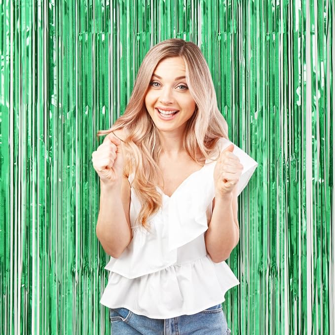 Voircoloria Laser Green Foil Fringe Backdrop Curtains, 3 Pack | Tinsel Streamers - Image 7