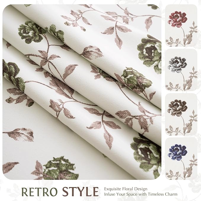 Beauoop Floral 100% Blackout Curtains Bedroom Green Brown 52x63 2 Panels | Rose - Image 8