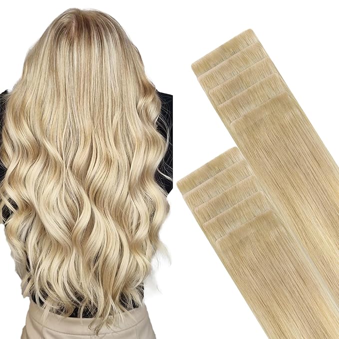 GOO GOO Invisi Edge Tape in Hair Extensions Human Hair, 18ET90A Natural Blonde Balayage, 10pcs 24inch 30g, Virgin Remy Hair, Seamless Injected Tape, Natural Look