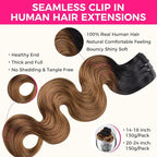 Lashey Seamless Clip in Hair Extensions Human Hair 130g 9pcs 14 Inch Body Wave Ombre Natural Black to Medium Auburn Clip in Hair Extensions for Women