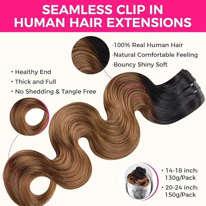 Lashey Seamless Clip in Hair Extensions Human Hair 130g 9pcs 16 Inch Body Wave Ombre Natural Black to Medium Auburn Clip in Hair Extensions for Women Real Human Hair