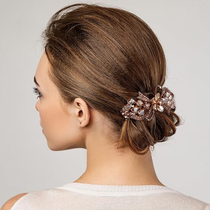Joez Wonderful Rhinestone Hair Clip Sparkly Crystal Barrettes French Wedding Prom Engagement Pageant First Communion Hair Decorative Accessories for Women Long Hair (Bow Champagne 1 Pcs)