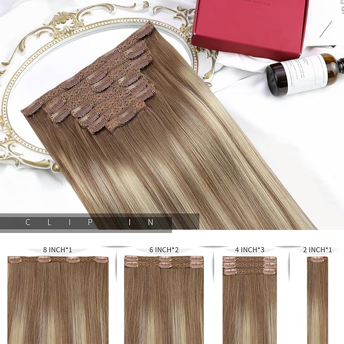 Moresoo Clip in Hair Extensions Brown to Blonde Clip in Extensions Real Human Hair Ombre Light Brown to Medium Blonde for Long 22 inch Double Weft 120g/7pcs