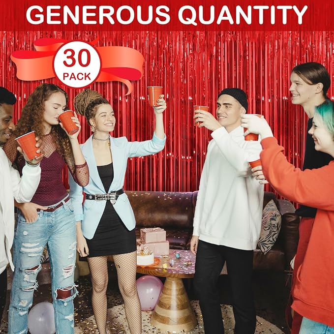 30 Pack Red Foil Fringe Curtain Backdrop, 3.3x8.2 Feet Metallic Tinsel Streamer - Image 2