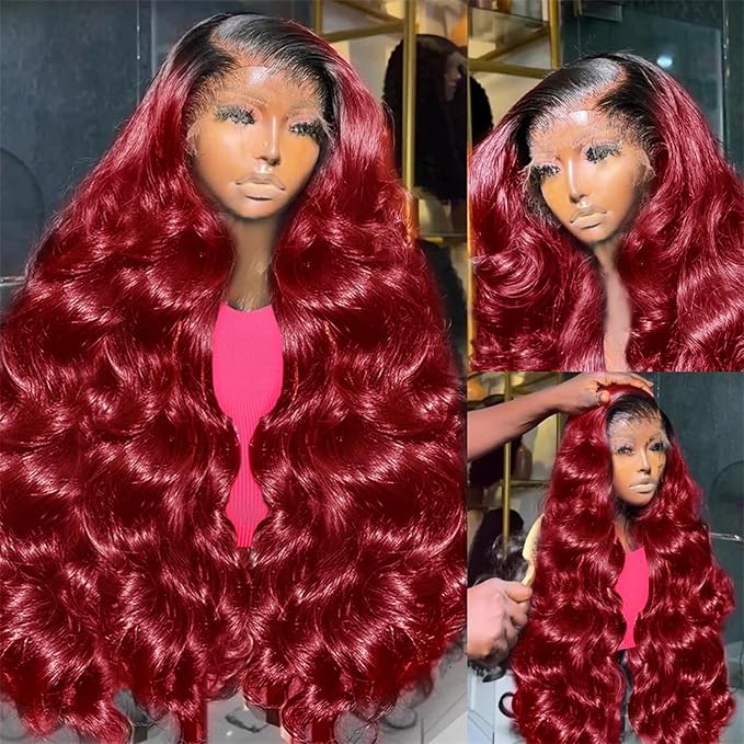 AMIRTY 250% density Burgundy Wig Human Hair 13x6 Loose Wave Lace Front Wigs Human Hair 1b/99j Burgundy Lace Front Wigs for Women Ombre Burgundy Lace Front Wig 24 Inch