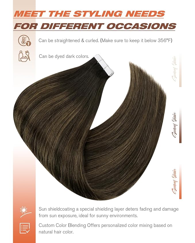 Sunny Hair Tape in Hair Extensions Human Hair 16 Inch Hair Extensions Real Human Hair Tape in Extensions for Women Darkest Brown Ombre Medium Brown Balayage Remy Hair Straight Skin Weft 40pcs 100g