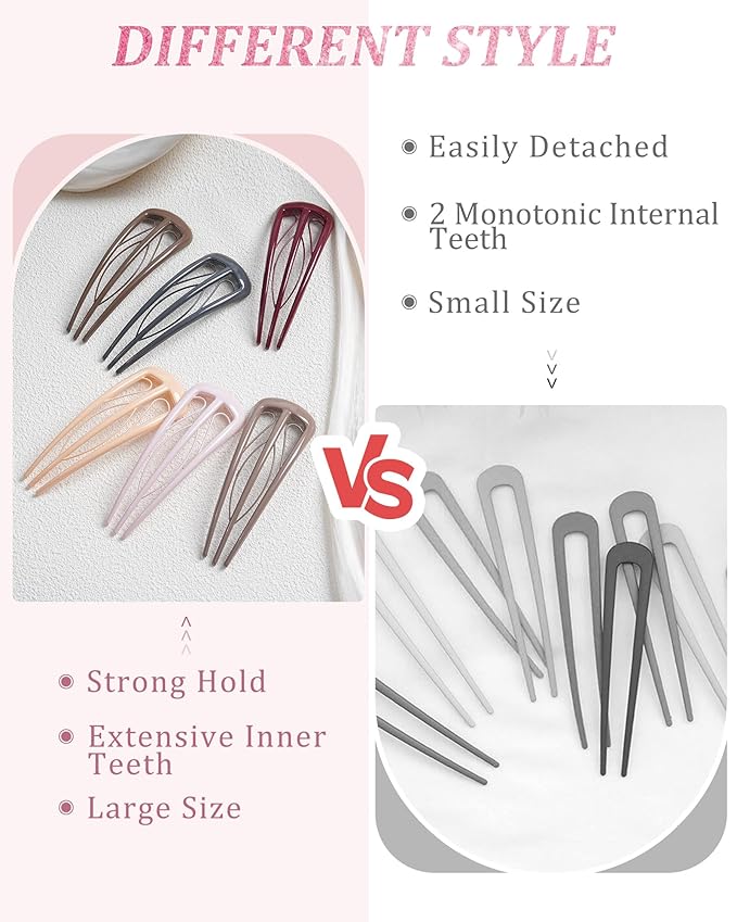 6 PCS French Hair Pins for Women, U-Shaped Hair Forks Stick for Bun Updo Chignons & French Twists, Strong Hold 3 Internal Teeth Hair Chopsticks Styling Accessories