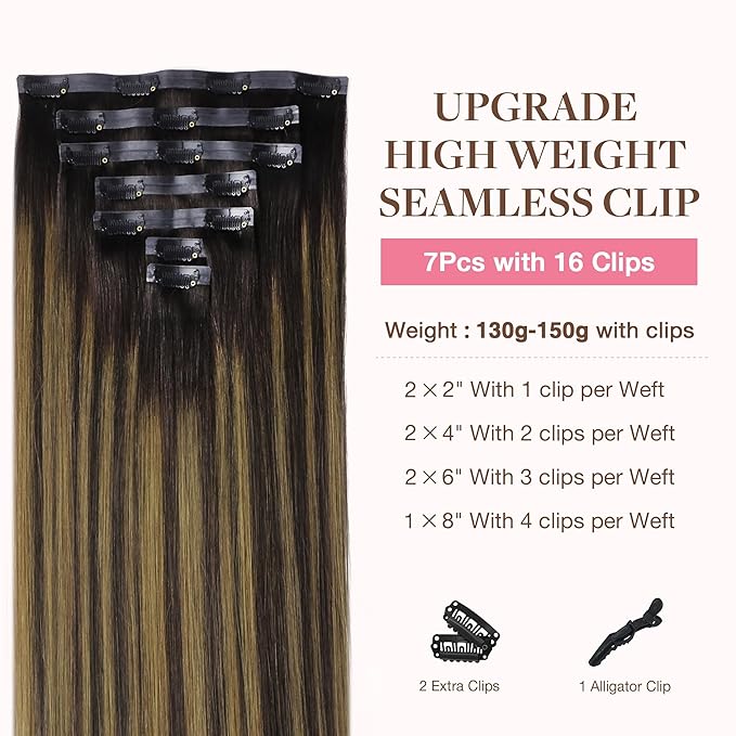 GOO GOO Clip in Hair Extensions Real Human Hair, Remy Human Hair Extensions Clip ins for Women, Natural Human Hair, 22inch 170g 7Pcs, #2/6/2 Balayage Dark Brown to Chestnut Brown
