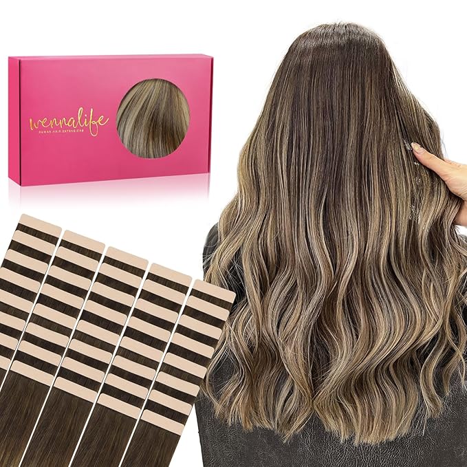 Wennalife Tape in Hair Extensions Human Hair, 40pcs 100g 22 inch Balayage Chocolate Brown to Honey Blonde Hair Extensions Real Human Hair Straight Tape in Extensions Reusable Real Hair Extensions